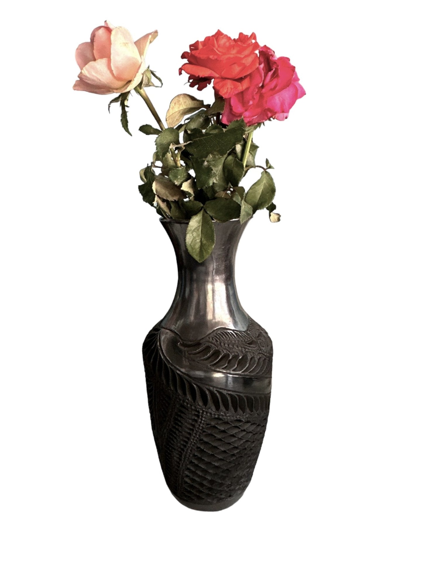 Hecho por Orden Hermosa Maceta de Barro Negro, Maceta Decorativa Florero hecho a mano en Oaxaca, barro negro 11 x 5.5 in